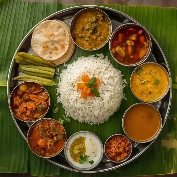 A South Indian thali meal with rice, curries, flatbread, and vegetables on a banana leaf.
