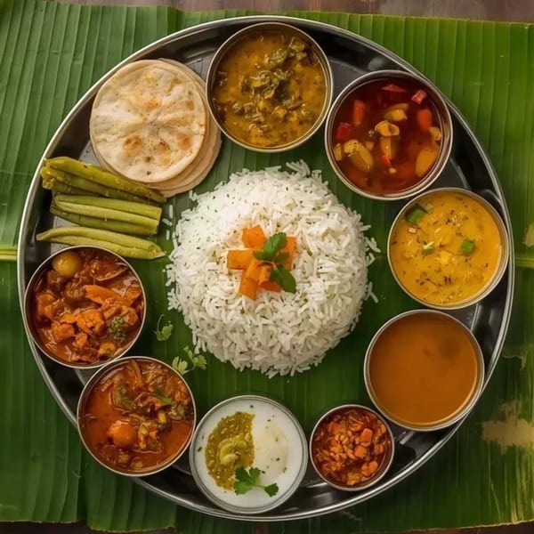 A traditional Indian thali meal with rice, curries, flatbread, and vegetables on a banana leaf.