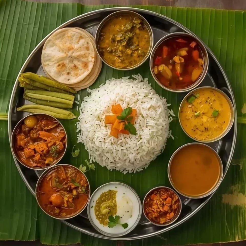 A traditional Indian thali meal with rice, curries, flatbread, and vegetables on a banana leaf.