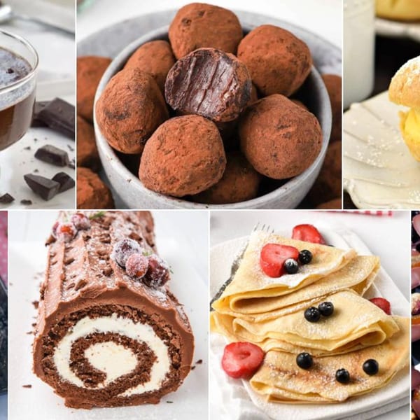 A collage of various desserts including chocolate truffles, crepes, and a chocolate log cake.