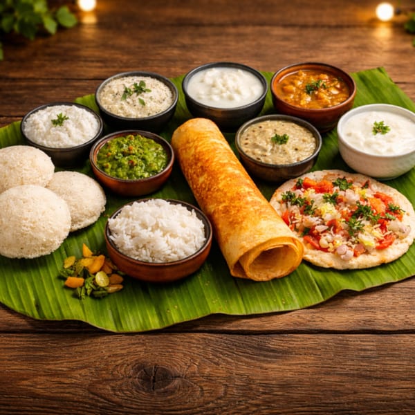 A vibrant South Indian thali with dosa, idli, rice, and various chutneys on a banana leaf.