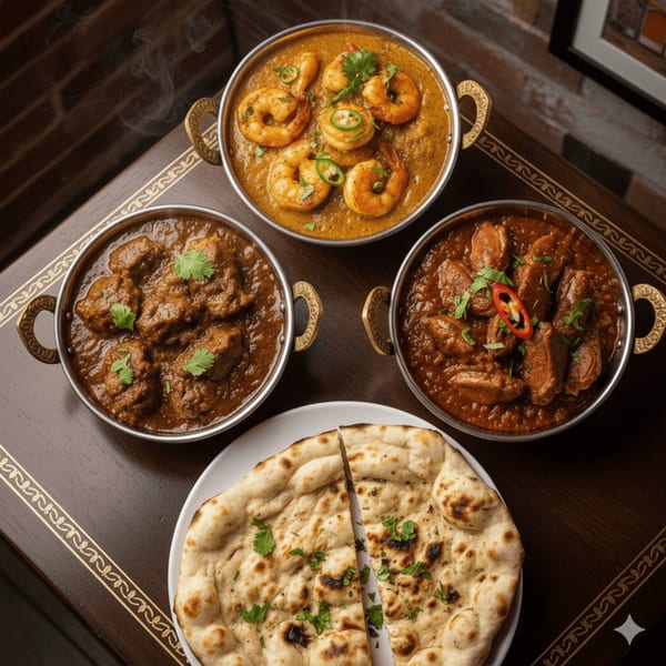 Three steaming bowls of Indian curry, including shrimp, chicken, and lamb, with naan bread.