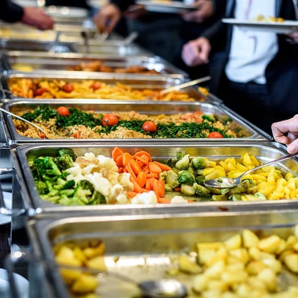 A buffet line with various hot dishes, including rice, vegetables, and pasta, served in metal trays.