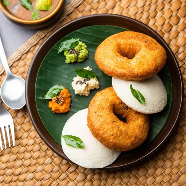 A plate of golden-fried vada and white idli, served with three colorful chutneys on a banana leaf.
